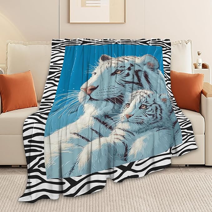 White Tiger Throw Blanket White Tiger Stuff Gifts for Kids Girls Boys Adults Women Men Soft Cozy Warm Plush Fluffy Fuzzy Fleece Blanket Decor 50''X60''