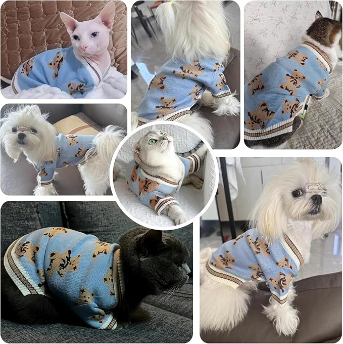 Small Dog Sweaters Cute Bear Dog Cardigans Clothes for Small Medium Dogs Boy Girl Puppy Cat Knitting Cardigan Outfits Dogs Winter Coats Warm Pet Doggy Clothes Soft Knitwear Apparel (Blue,L)