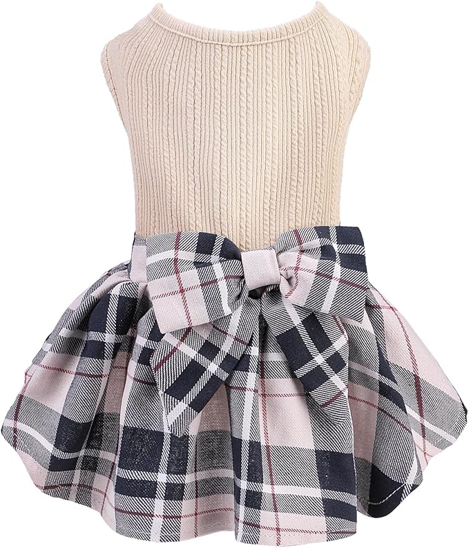 PUPTECK Classic Plaid Dog Dress Pet Apparel with Cute Bowtie Puppy Clothes Outfit,Cream,S