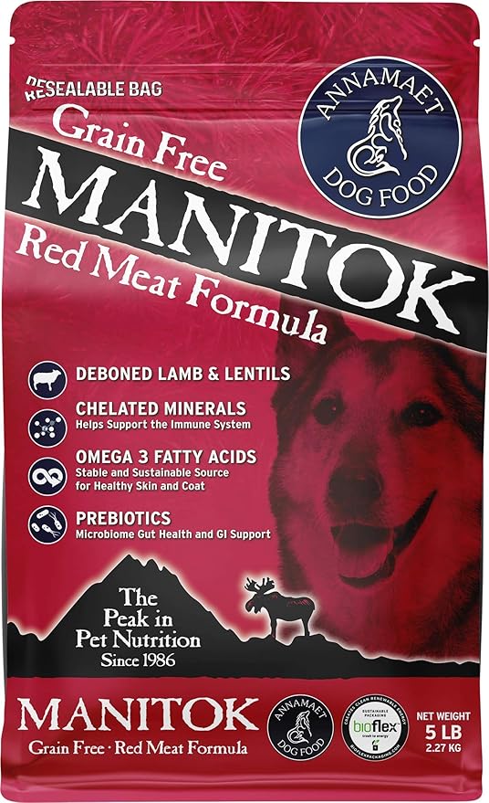 Annamaet Grain-Free Manitok Red Meat Formula Dry Dog Food, (Fresh Lamb), 5-lb bag