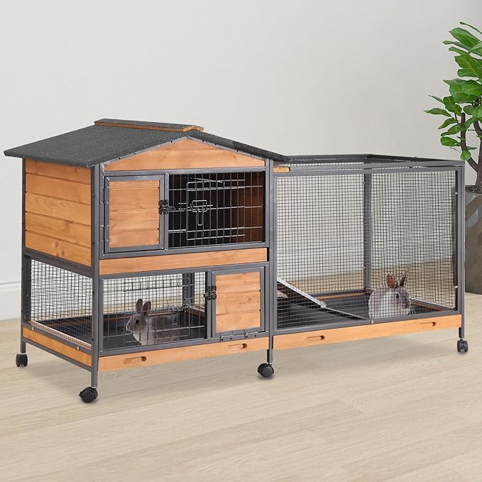 Suumerpety 2-Story Rabbit Cage with Chew-Proof Metal Frame for Indoor/Outdoor - 62" Bunny Hutch Guinea Pig Cages with 6 Locking Wheels & 2 Removable Trays for Rabbits/Guinea Pigs
