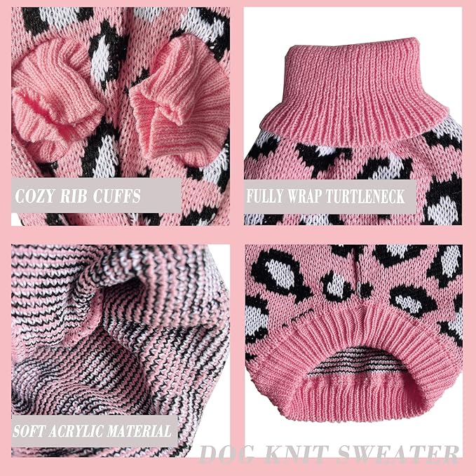 Leopard Knit Sweaters for Small Dogs, Pink Turtleneck Pullover for Pet, Puppies Cats Winter Sweater for Valentines Day Holiday
