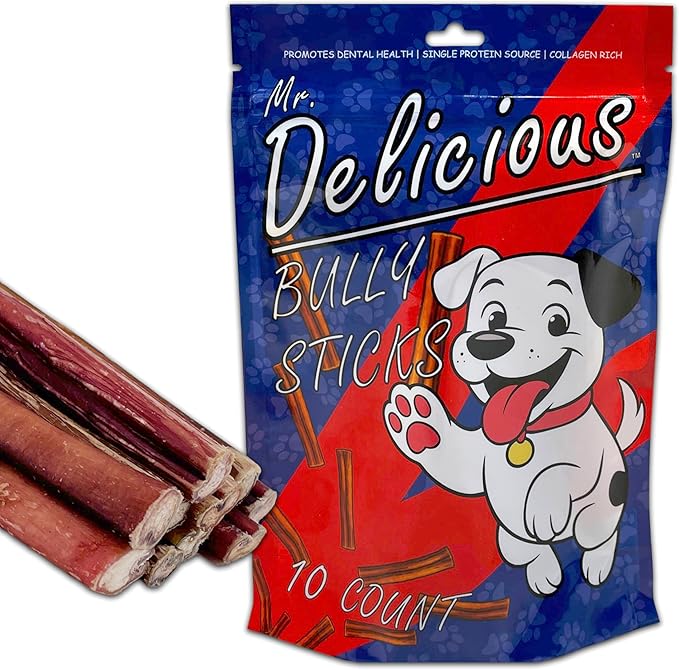 Mr. Delicious Bully Sticks for Dogs, 10 Count, 6 Inch Medium, Consistent Thickness, All Natural, Grass Fed, Rawhide-Free, Single Ingredient, Long Lasting Dog Chews
