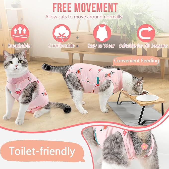 SlowTon Cat Recovery Suit - Cat Onesie for Cats After Surgery, Spay Suit for Abdominal Wounds, E-Collar Alternative Bodysuit Shirt Anti-Licking (Pink, L)