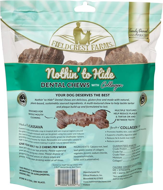 Fieldcrest Farms Dental Chews for Dogs, Bone (7inches, 3count Pack) – Tackles Plaque, Tartar, Promotes Dental Health – w/Collagen, Organic, Gluten-Free