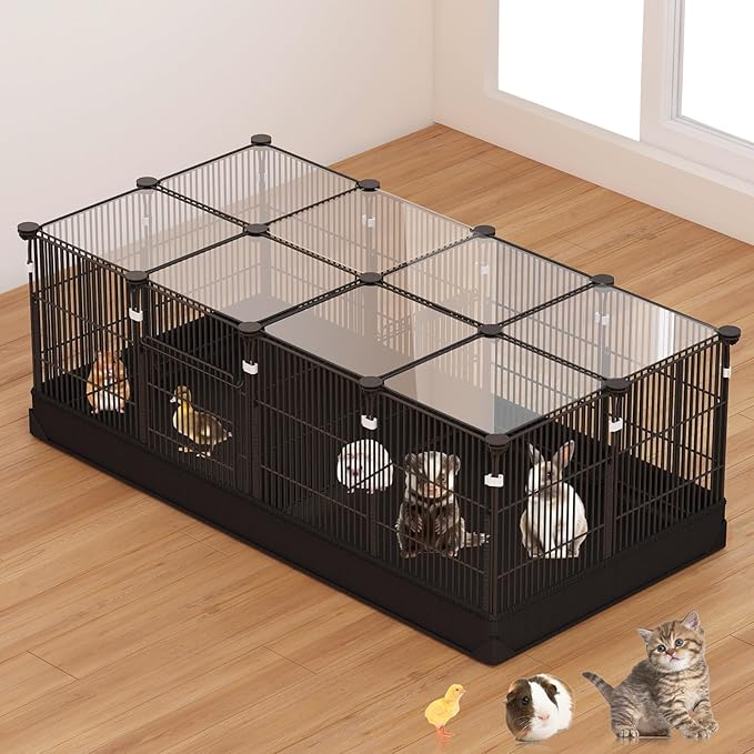 22 Panels Small Animal Playpen, Rabbit Cage with Doors & Waterproof Mat, Metal Wire Yard Fence, The Guinea Pig Cages for Hamsters, Chicken, Hedgehogs, Indoor Outdoor C&C Cage (22PCS-Black-with mat)