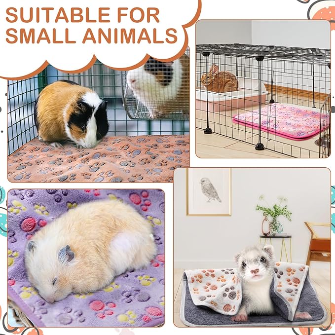 Reginary 4 Pcs Waterproof Guinea Pig Blankets Washable Small Animal Fleece Bedding Guinea Pig Cage Liners Reusable Training Pads Pet Pee Pad Sleep Mat for Hamster(Paw Print,28 x 56 Inch)