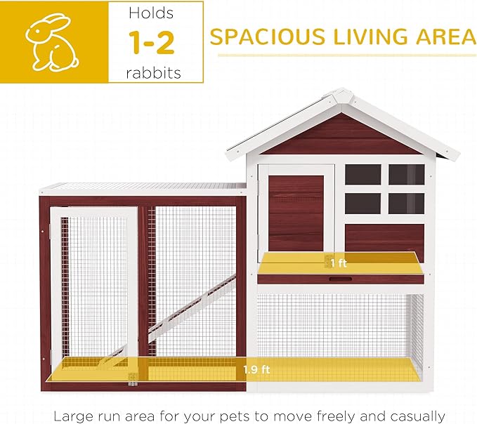 PawHut 49" Wooden Rabbit Hutch Bunny Cage with Waterproof Asphalt Roof, Fun Outdoor Run, Removable Tray and Ramp, for Rabbits, Chickens, Ducks, Brown