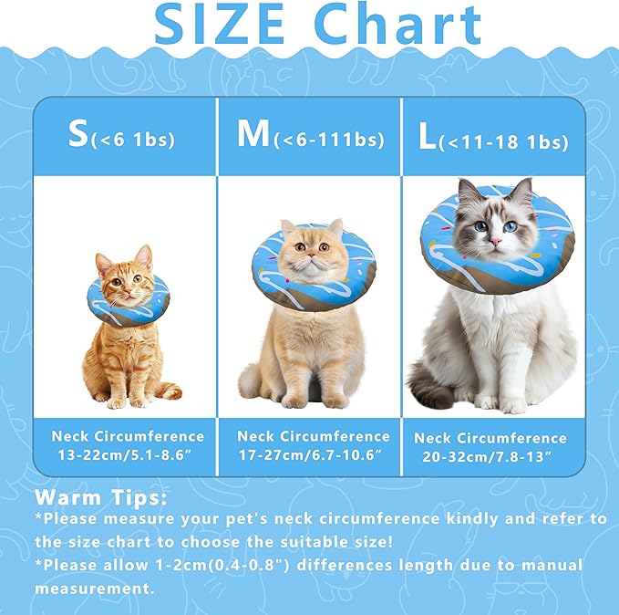 Seyezo Cat Cone Collar Soft, Adjustable Cat Recovery Collars Kitten Cones to Stop Licking, Cute Donut E Collar After Surgery, Cats Neck Pillow Elizabethan Cones of Shame (Waterproof Blue, Small)