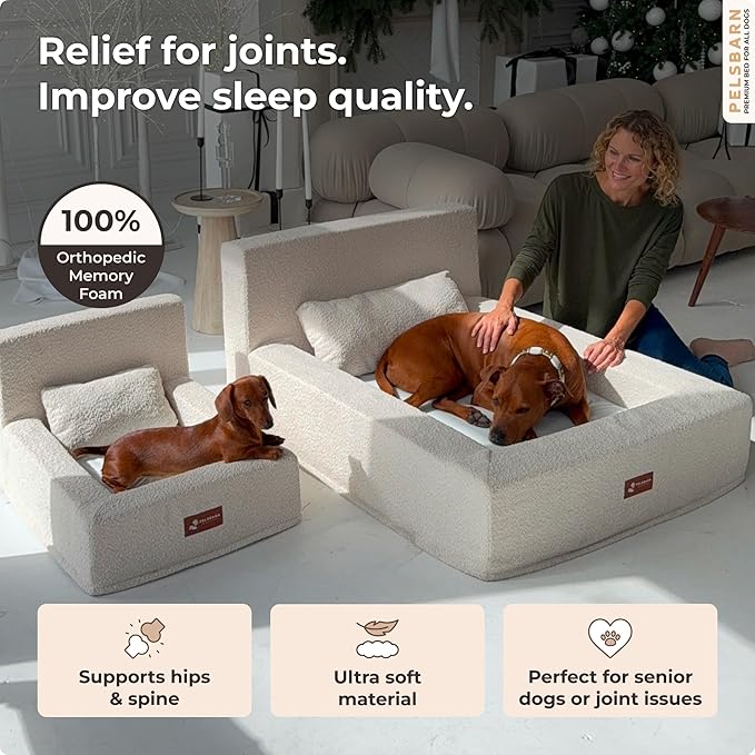 Pelsbarn Real Orthopedic Dog Bed, High-Density Memory Foam with Waterproof Fitted Sheets - Machine Washable, Large, Beige