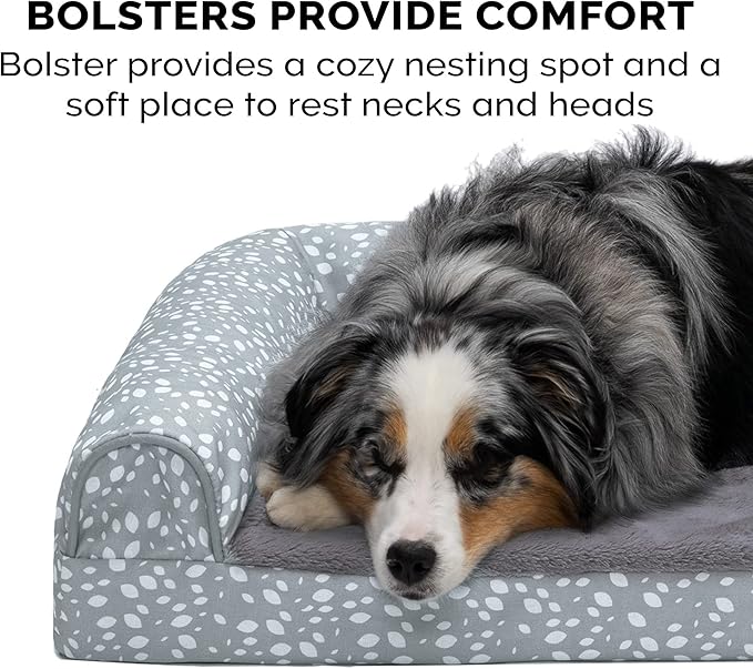 Furhaven Memory Foam Dog Bed for Large Dogs w/ Removable Bolsters & Washable Cover, For Dogs Up to 95 lbs - Plush & Almond Print L Shaped Chaise - Gray Almonds, Jumbo/XL