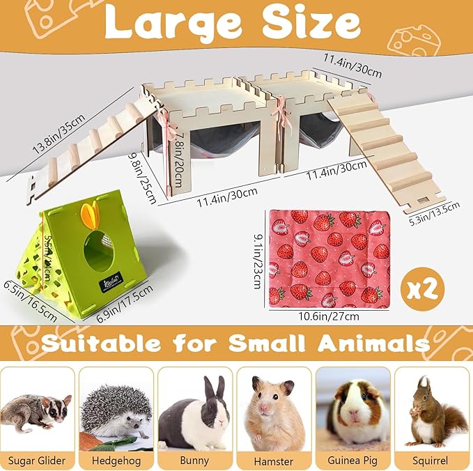 2PCS Guinea Pig Hideout with Hammock,Large Wooden Guinea Pig House with Stairs and Mats,Detachable Guinea Piggy Hide for Small Animals Hamster Ferret Chinchilla Habitats Accessories