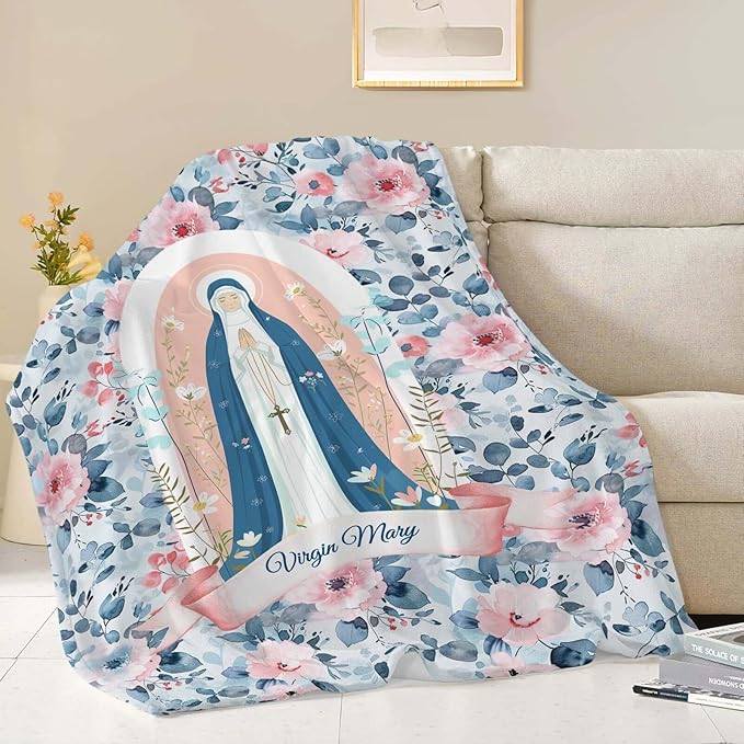 Virgin Mary Throw Blanket Christian Religious Scripture Catholic Spiritual Stuff Gifts for Adults Women Soft Cozy Warm Plush Fluffy Fuzzy Fleece Blanket Decor 60''X80''