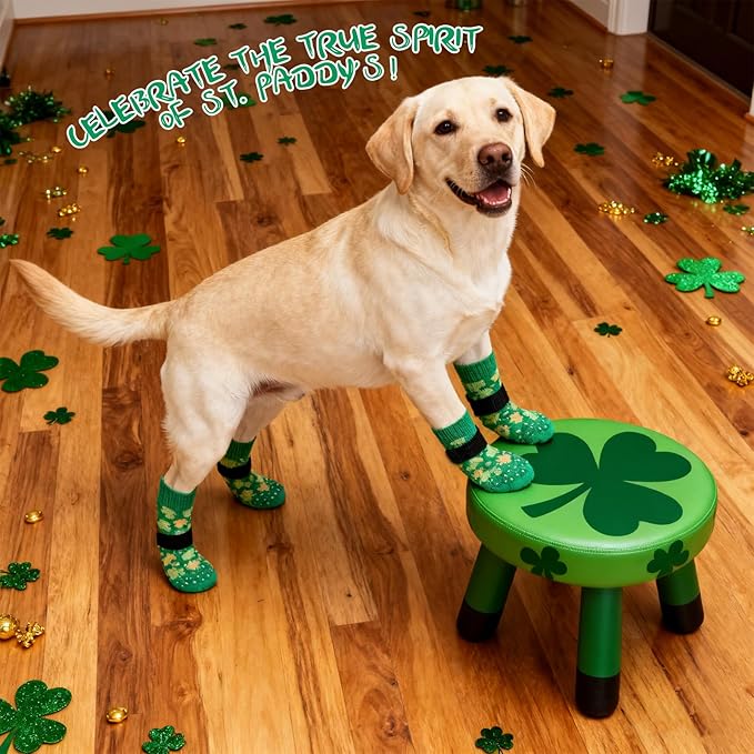 EXPAWLORER Anti Slip Dog Socks to Prevent Licking Paws, Dog Shoes Booties for Small Medium Large Senior Dogs, Traction Control Boots & Paw Protectors for Hardwood Floors St. Patrick's Day Green S