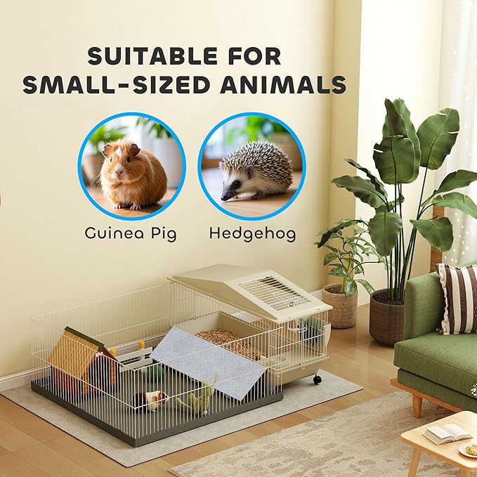 PawHut Small Animal Cage, Guinea Pig Cage with Removable Pet Playpen, Waterproof Pad, Food Dish, Water Bottle, Hay Feeder, Soft-Covered Ramp, Wheels, Hideaway, Balcony, for Hedgehog, Guinea Pig
