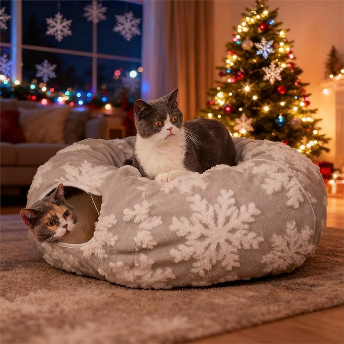 Cat Tunnel with Bed – Soft Plush Peekaboo Donut Cave for Indoor Cats | Under Christmas Tree Hideaway & Multifunctional Playground Toy for Kittens, Rabbits, Ferrets (Short-Pile Fabric Snowflake)