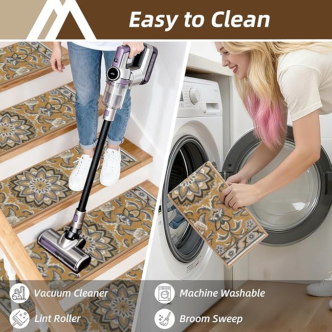 COSY HOMEER-Stair-Treads-for-Wooden-Steps Washable Indoor Stair Treads Non Slip 8" X 30" Soft Stair Carpet Treads Reusable Peel and Stick Stair Runner Rug for Kids, Elders and Pets 15pcs