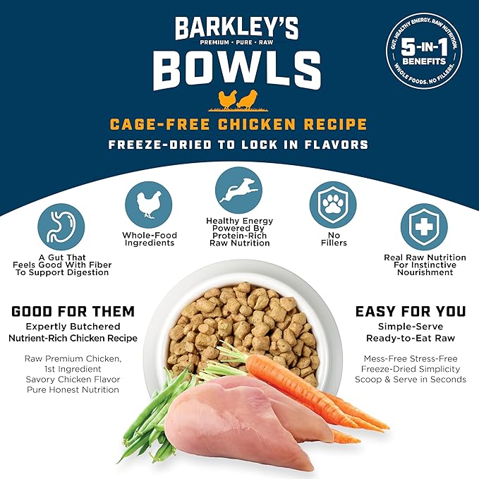 Barkley’s Bowls, Freeze-Dried Raw Chicken Dog Food, Fresh Whole Food Ingredients with Cage-Free Chicken, Grain Free, High Protein for Balanced Nutrition, Dog Treats or Topper, 16 Oz Bag (3 Pack)