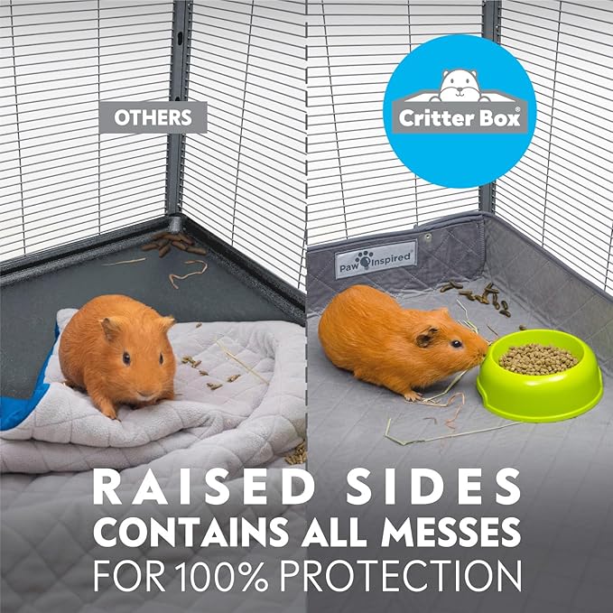 Paw Inspired Critter Box Washable Cage Liner, Reversible Fleece Bedding with Raised Sides for Guinea Pigs and Other Small Animals (Gray/Green, Critter Nation)