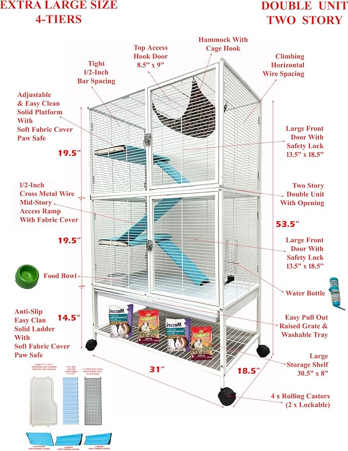 X-Large 31"x18.5"x53.5"H Deluxe Double Unit 4-Tiers Tight 1/2-Inch Bar Spacing Double Large Front Doors Feisty Ferret Squirrel Hammock Chinchilla Rat Hamster Gerbil Small Animal Critter Rolling Cage