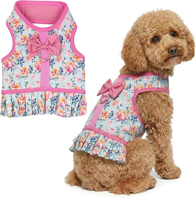 Parisian Pet Floral Dog Harness Dress - Breathable No Pull Puppy Dress with Pink Bow and Leash Ring - 100% Mesh Fabric Harnesses for Dogs - Soft Padded Step in Pet Vest - Dog Harness for Large Dogs