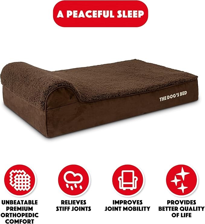 The Dog’s Bed Orthopedic Memory Foam Dog Bed with Headrest, Calming Surface – CertiPUR-Certified Foam, Plush Fabric, Brown Plush, Large, 6-Inch