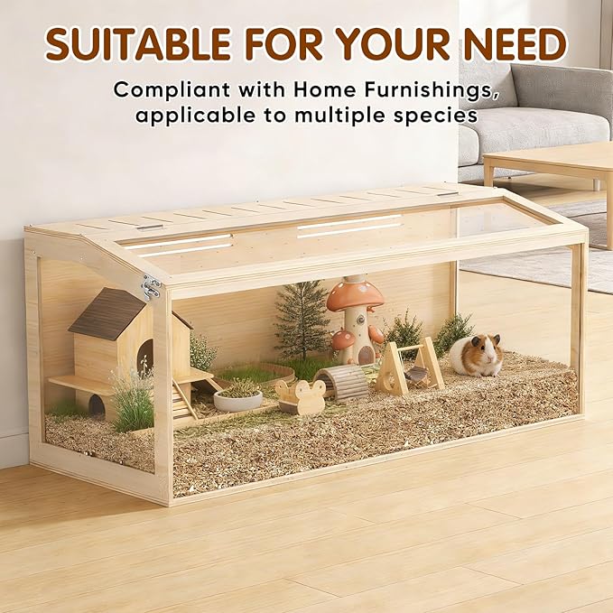 Wooden Hamster Cage, 48inch Large Hamster Cage Enclosure with Openable Top & Thickened Acrylic for Small Animals, Guinea Pig, Rabbit, Rat, 48"L x 20''W x 20''H Hamster Habitat with Multi-vent