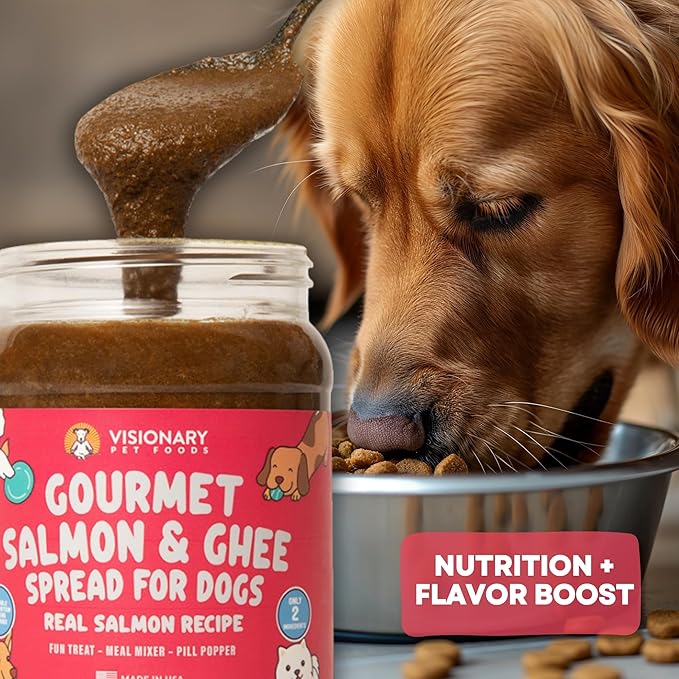 Visionary Pet Foods Salmon Meat Spread - Healthy Dog Treat - Alternative to Dog Peanut Butter, Xylitol Free, No Sugar and Filler Free - Use on Lick Mat, Food Mixer, Pill Pockets - 12oz Jar