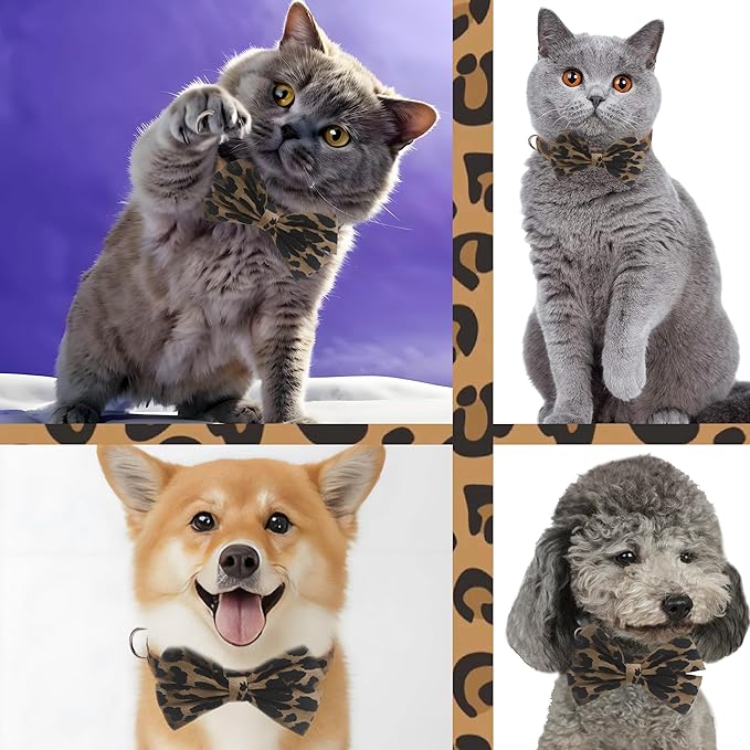 Soft Comfortable Adjustable Leopard Print Pet Collar with Bowtie, Cute Cat Collar and Leash Set for Small Dogs Cats Kitten, Puppy Kitty Grooming Doggy Accessories, Length 8"-13"