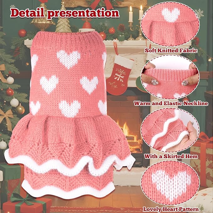 Dog Sweaters Heart Knitted Sweaters Dress Winter Coat Puppy Warm Holiday Clothes for Small Dogs Cats Christmas New Year Valentine's Day （Small, Pink）