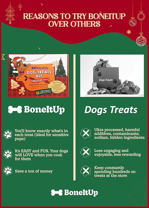 Dog Treat Kit for Christmas – 2 Silicone Christmas Edition Cookie Molds, 5 Cookie Cutters, 10 Recipes, Bow, Dog Hat, 4 Decorating Balloons, Decorating Pen – Ideal DIY Kit for Dogs Lover