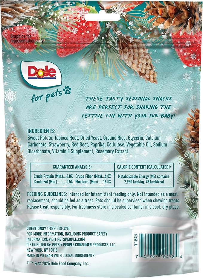 Dole for Pets Snowy Strawberry Dog Chews, Strawberry Flavored Treats with Real Fruit Powders, Vegan Plant-Based, No Wheat Corn Soy or Artificial Colors Flavors Preservatives, 7 Oz Bag