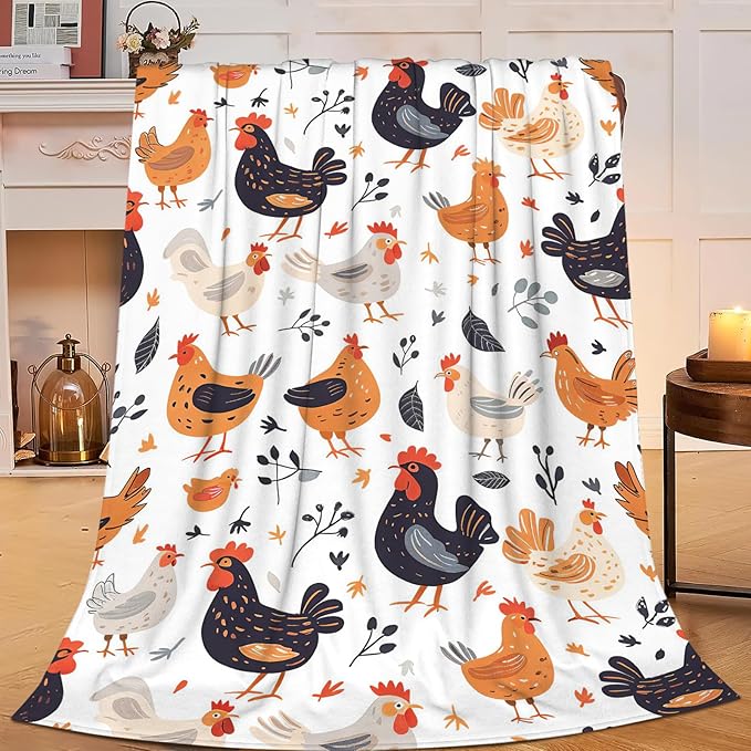 Chicken Blanket Rooster Chicken Throw Blanket Gifts for Kids Girls Boys Adults Women Man Super Soft Cozy Plush Fluffy Fuzzy Fleece Blanket Decor 60''X80''
