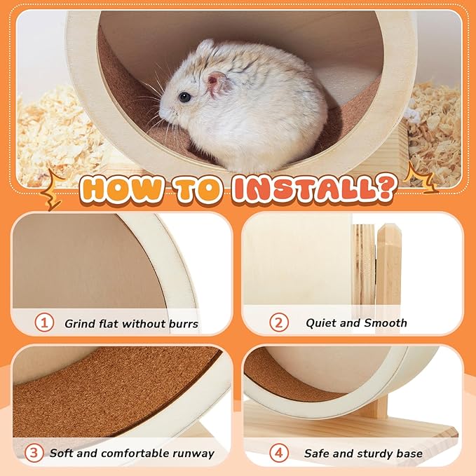 18 Pcs Hamster Cage Accessories, Silent Hamster Wheel, 15 Chew Toys Set, Maze Wood House and Water Bottle Set for Rat Mice Small Animals Habitat (Harmony Wooden Style)