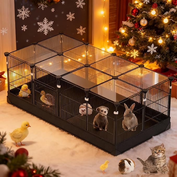 22 Panels Small Animal Playpen, Rabbit Cage with Doors & Waterproof Mat, Metal Wire Yard Fence, The Guinea Pig Cages for Hamsters, Chicken, Hedgehogs, Indoor Outdoor C&C Cage (22PCS-Black-with mat)