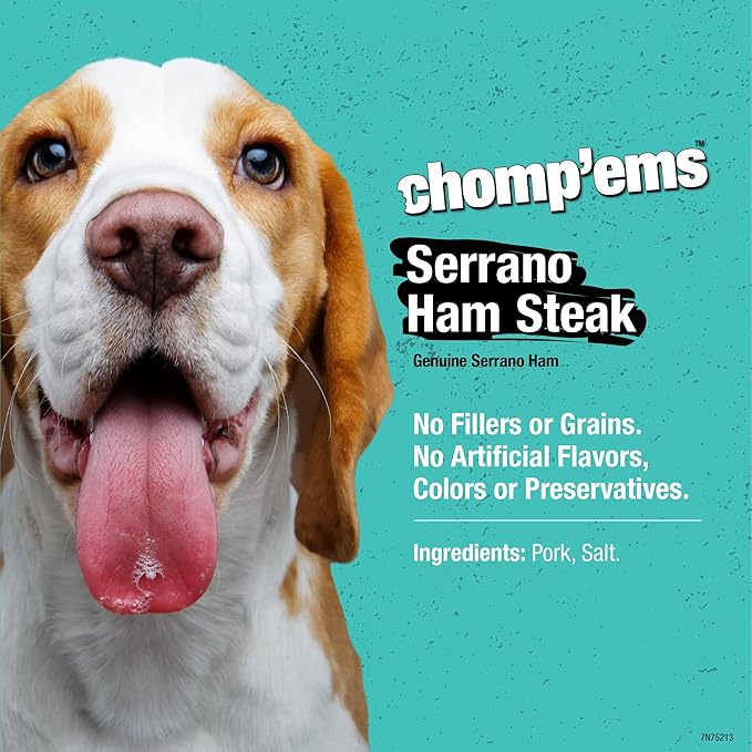 Ruffin' It CHOMP'EMS Serrano Ham Steak, Real Serrano Ham Steak with Bone for Dogs, 1 Ham Steak, Large