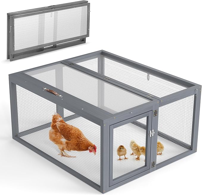 COZIWOW Chicken Coop Run Rabbit Hutch, Portable Chicken Cage Pens with Top & Side Opening Doors, Folding Wooden Chicken Coop, Outdoor Indoor Small Animal Playpen, Chicken Brooder Box, 43.3Inch (Grey)