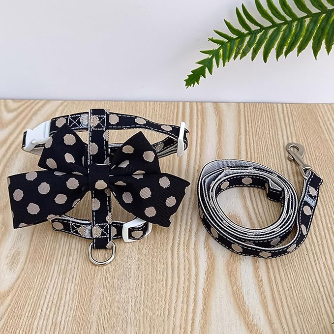 Cat Harness and Leash Set, Sweet Bow Kitten Collar, Escape Proof Extra Small Boy Dog Harness, Cute Polka Dot Print Puppy Collar, Dog Leash for Small Dogs Kittens Outdoor Walking (Black, S)