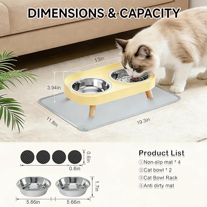 Elevated Cat Bowls with Food Mat, Splash Proof Anti Vomiting Raised Cat Food and Water Bowl Set, 2 Stainless Steel Dishes for Cats and Puppy, Pet Bowl for Indoor Cats Yellow