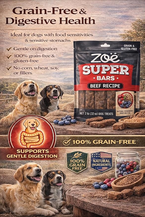 Zoe Super Bars Beef Recipe Dog Treats - Protein Packed Snacks with Berries and Flax Grain Gluten Free 32 oz Bag Big of Made The Finest Ingredients, 2 Pound (Pack 1)