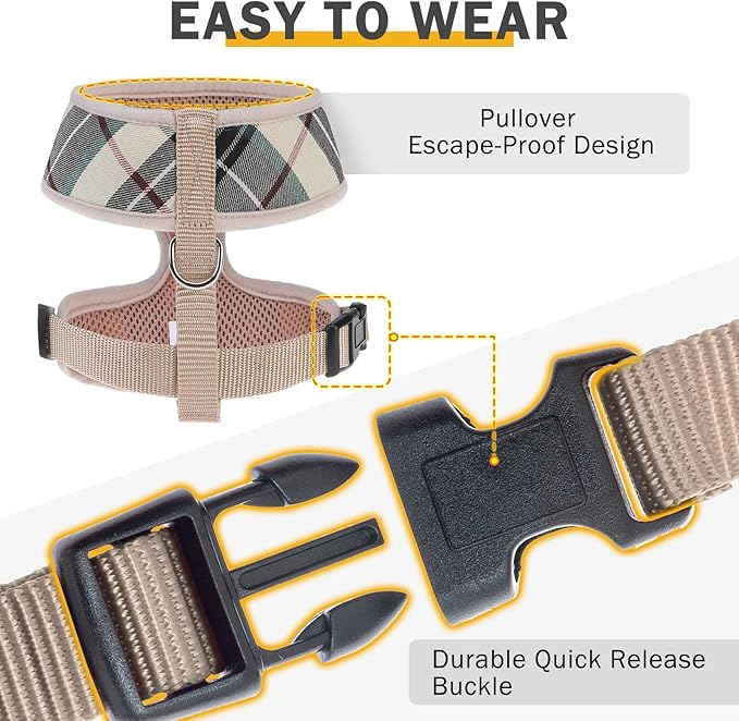 SCENEREAL No Pull Dog Harness Collar and Leash Set for Small Sized Dogs, Soft Mesh Plaid Puppy Harnesses, Pet Vest for Outdoor Walking Training and Running, Beige XS