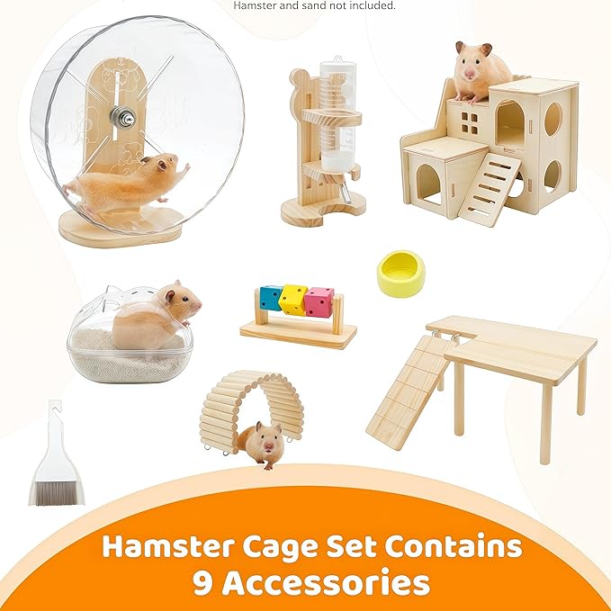9 Pcs Hamster Cage Accessories, Silent Hamster Wheel, Wooden House and Platform, Wooden Fence, Water Bottle Set, Ceramic Food Bowl, Bath Sand Container, Mini Cleaner for Rat Mice Small Animals Habitat