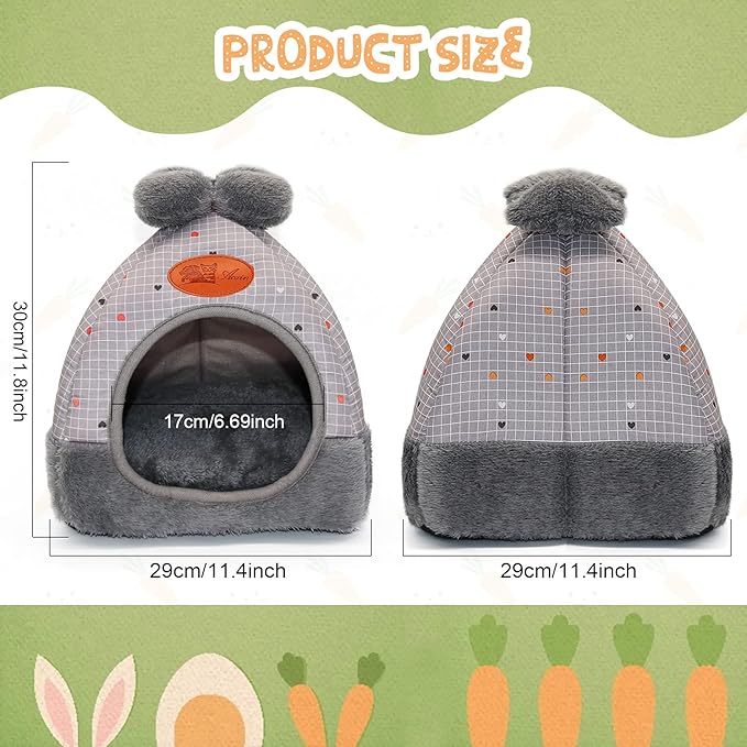 YUEPET Bunny Bed Warm Guinea Pig Cave Beds Cute Bowknot House Big Hideouts Cage Accessorie for Dwarf Rabbits Hamster Bunny Ferrets Rats Hedgehogs Chinchilla (Grey Grid)