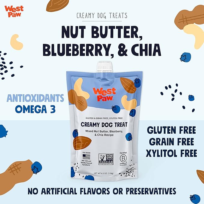 WEST PAW Nut Butter Blueberry and Chia Seed Creamy Dog Treats, 6.2 oz.
