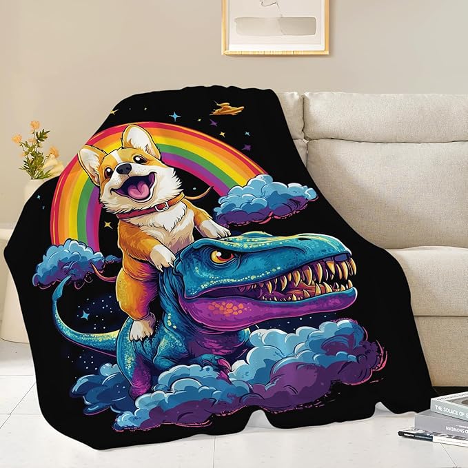 Corgi Blanket Funny Cartoon Corgi Dinosaur Throw Blanket Gifts for Corgi Lovers Girls Boys Kids Men Women Adults Super Soft Cozy Plush Fluffy Fuzzy Fleece Blanket Home Decor 60''X80''
