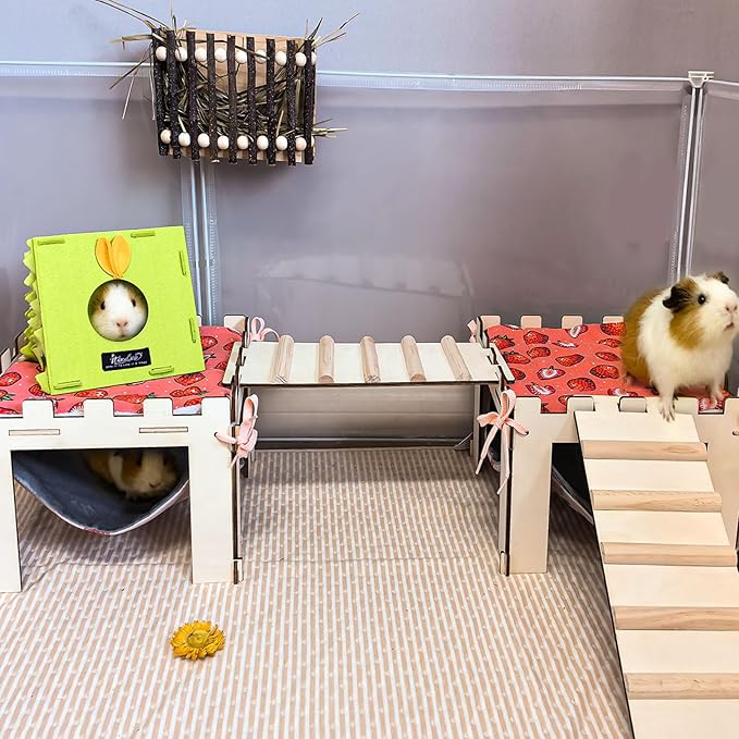 2PCS Guinea Pig Hideout with Hammock,Large Wooden Guinea Pig House with Stairs and Mats,Detachable Guinea Piggy Hide for Small Animals Hamster Ferret Chinchilla Habitats Accessories