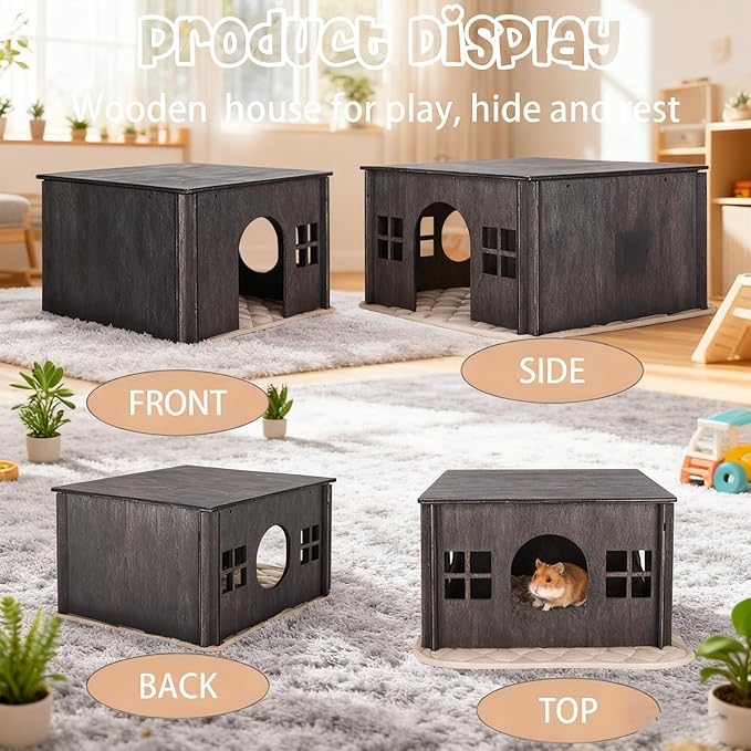 Wooden Guinea Pig Hideout, Guinea Pig House Small Rabbit Hideout with Multiple Windows, Small Animal House Bunny House Hideaway Castle Habitat for Guinea Pigs, Hamster, Chinchilla