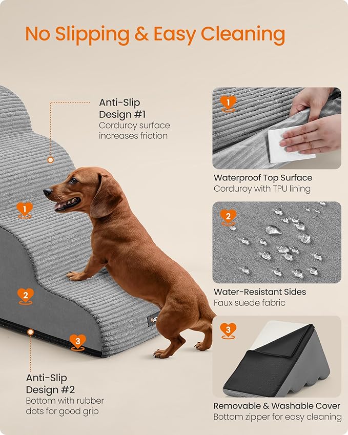 Feandrea 4-Step Dog Stairs, Dog Steps for Bed, Sofa, Waterproof Pet Stairs with Anti-Slip Designs, Gentle Slope, Removable Washable Cover, Handle, Dove Gray UPPS004G01