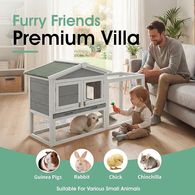 Garvee Wooden Rabbit Hutch Indoor and Outdoor, Rabbit Cage with Removable Wire Netting and Leak Proof Tray, Weatherproof Bunny Cage with Anti-Chew Metal Frame Ramp for Small Animals Grey
