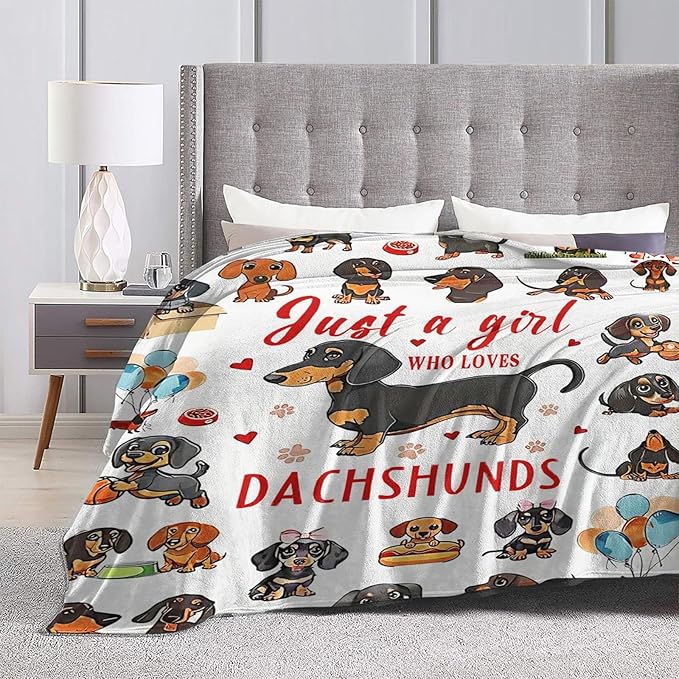 SweetFox Just A Girl Who Loves Dachshunds Blanket, Dachshund Dog Decor Throw Blanket Gifts for Girls Boys Lover Super Warm Soft Plush Fleece Flannel Bedding Blankets for Kids Adults Men Women 60"X50"